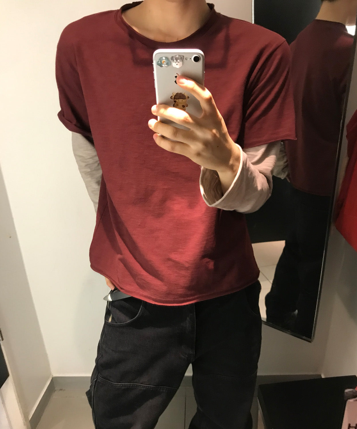 Cut-Off Layered Long Sleeve T-Shirt [Burgundy]