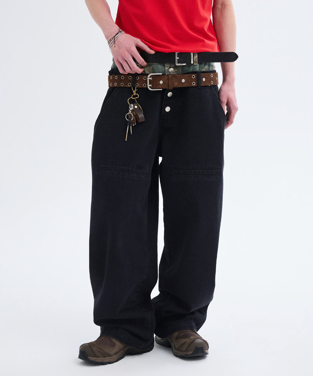 Double Layered Button Denim Pants [Camouflage]