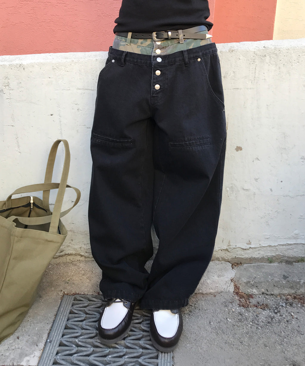 Double Layered Button Denim Pants [Camouflage]