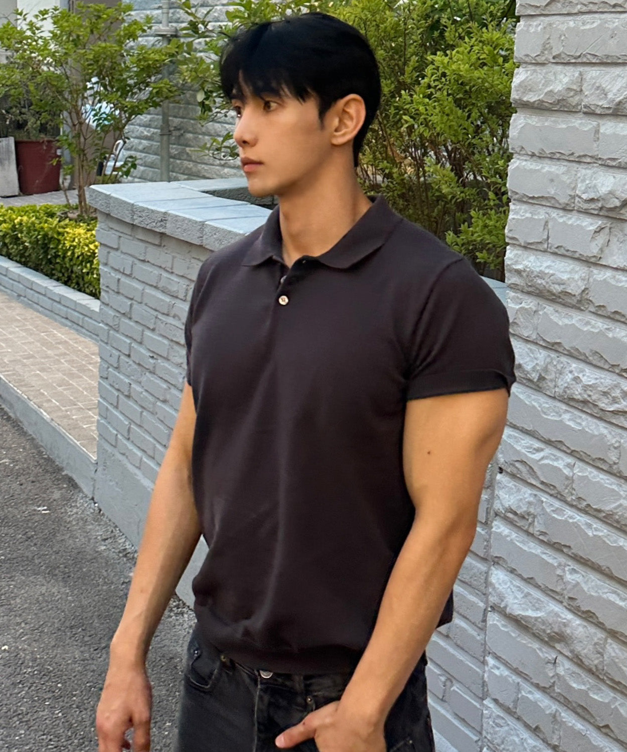 Muscle Fit Collar Short Sleeve Knit [Charcoal]