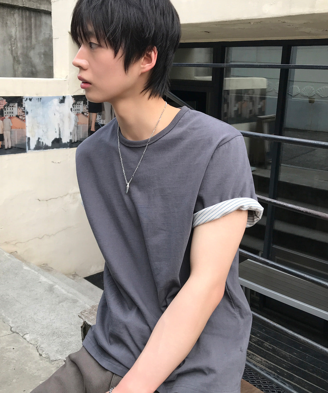 Stripe Layered Roll-Up T-Shirt [Charcoal]
