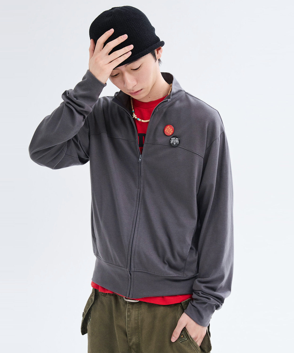 Slim Fit Light Jersey Zip-Up [Charcoal]