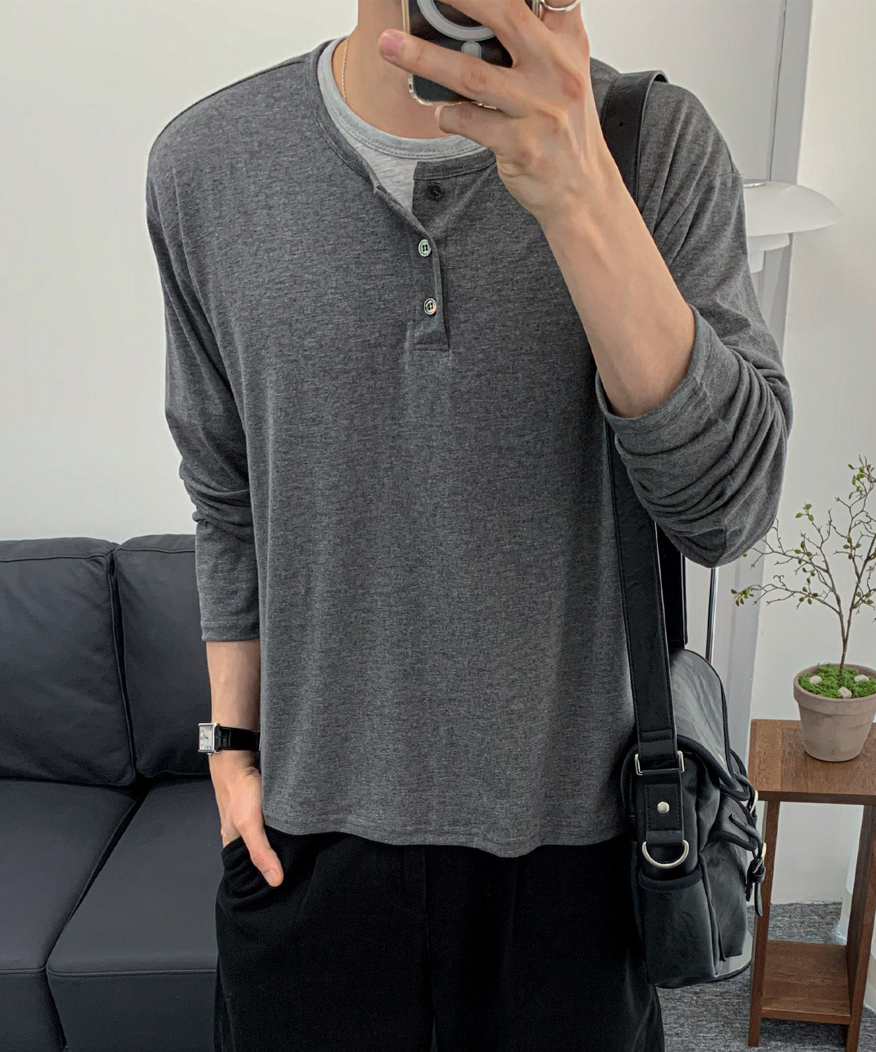 Soft Henley Neck Long Sleeve T-Shirt [Charcoal]