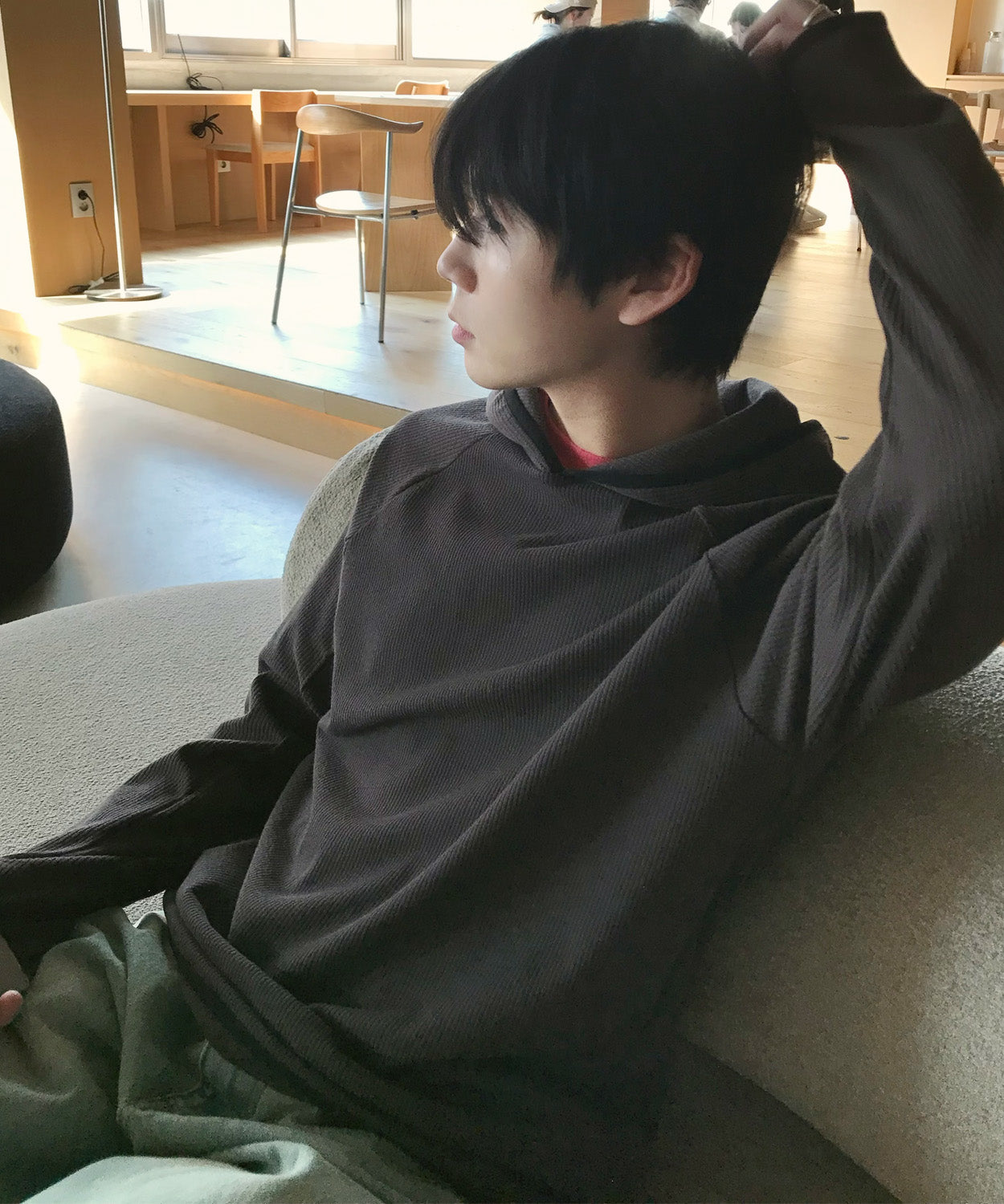 Ribbed Hooded Long Sleeve T-Shirt [Charcoal]