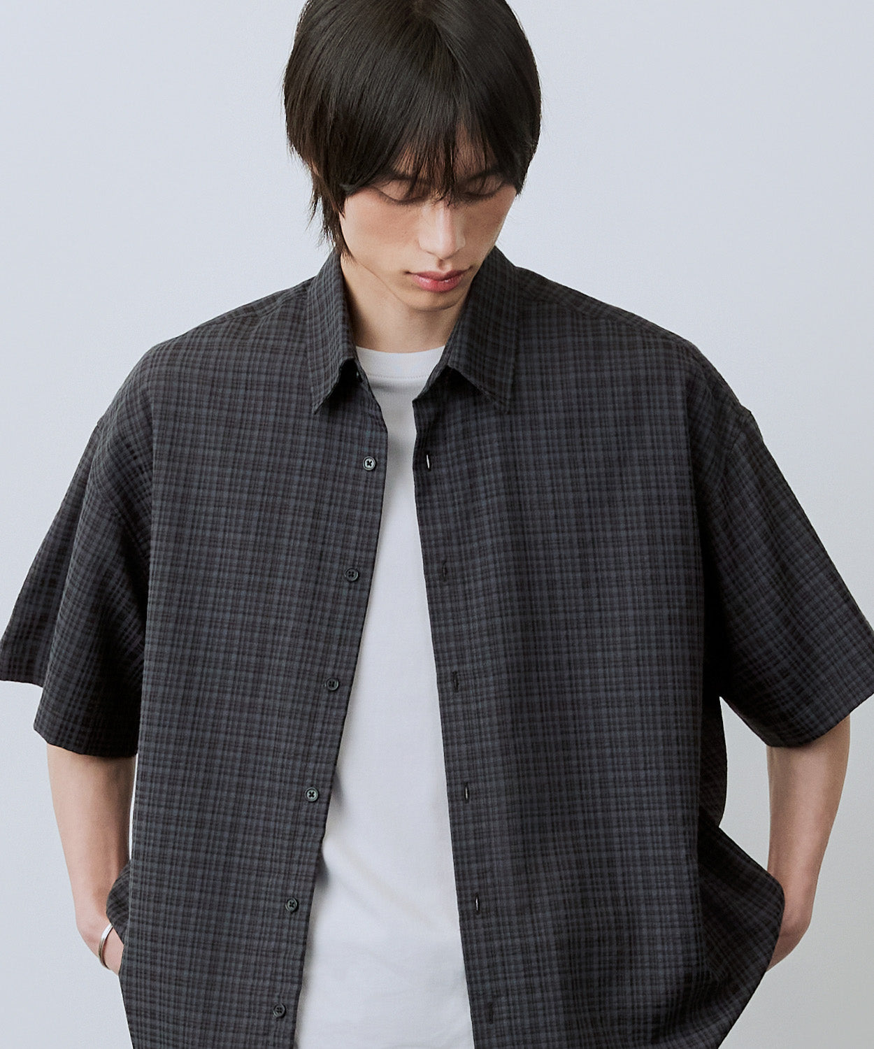 Wrinkle Seersucker Check Short Sleeve Shirt [Charcoal]
