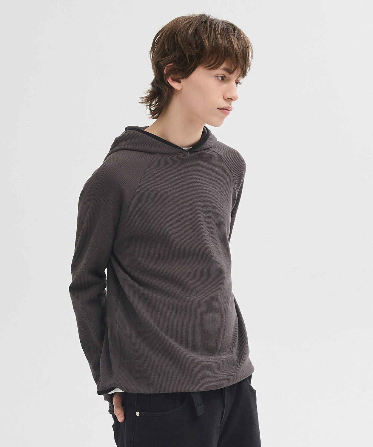 Ribbed Hooded Long Sleeve T-Shirt [Charcoal]