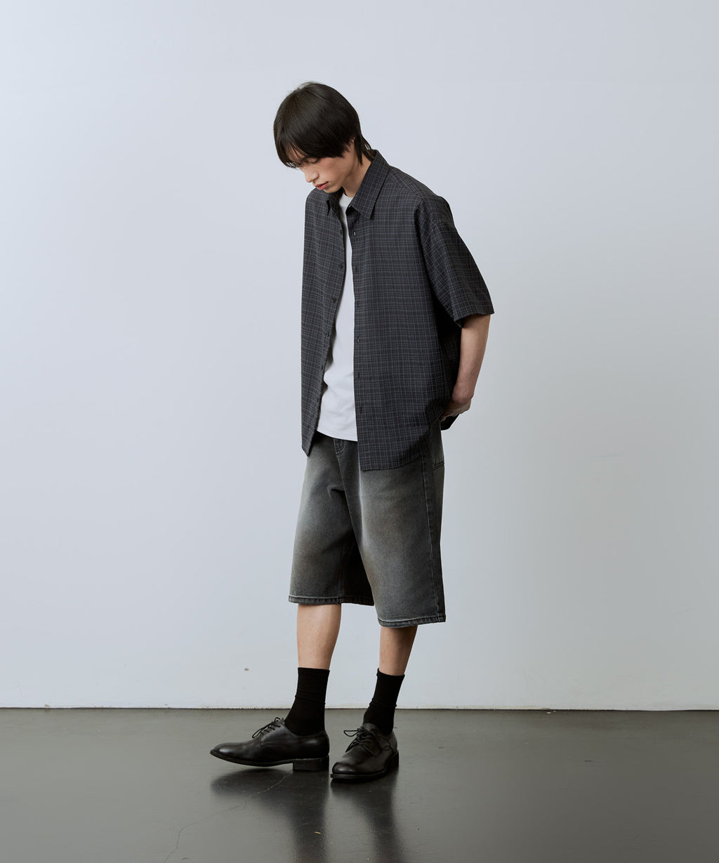 Wrinkle Seersucker Check Short Sleeve Shirt [Charcoal]