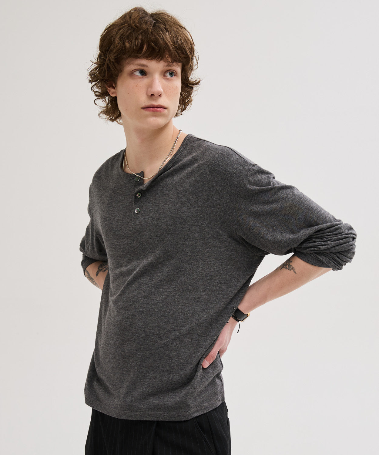 Soft Henley Neck Long Sleeve T-Shirt [Charcoal]