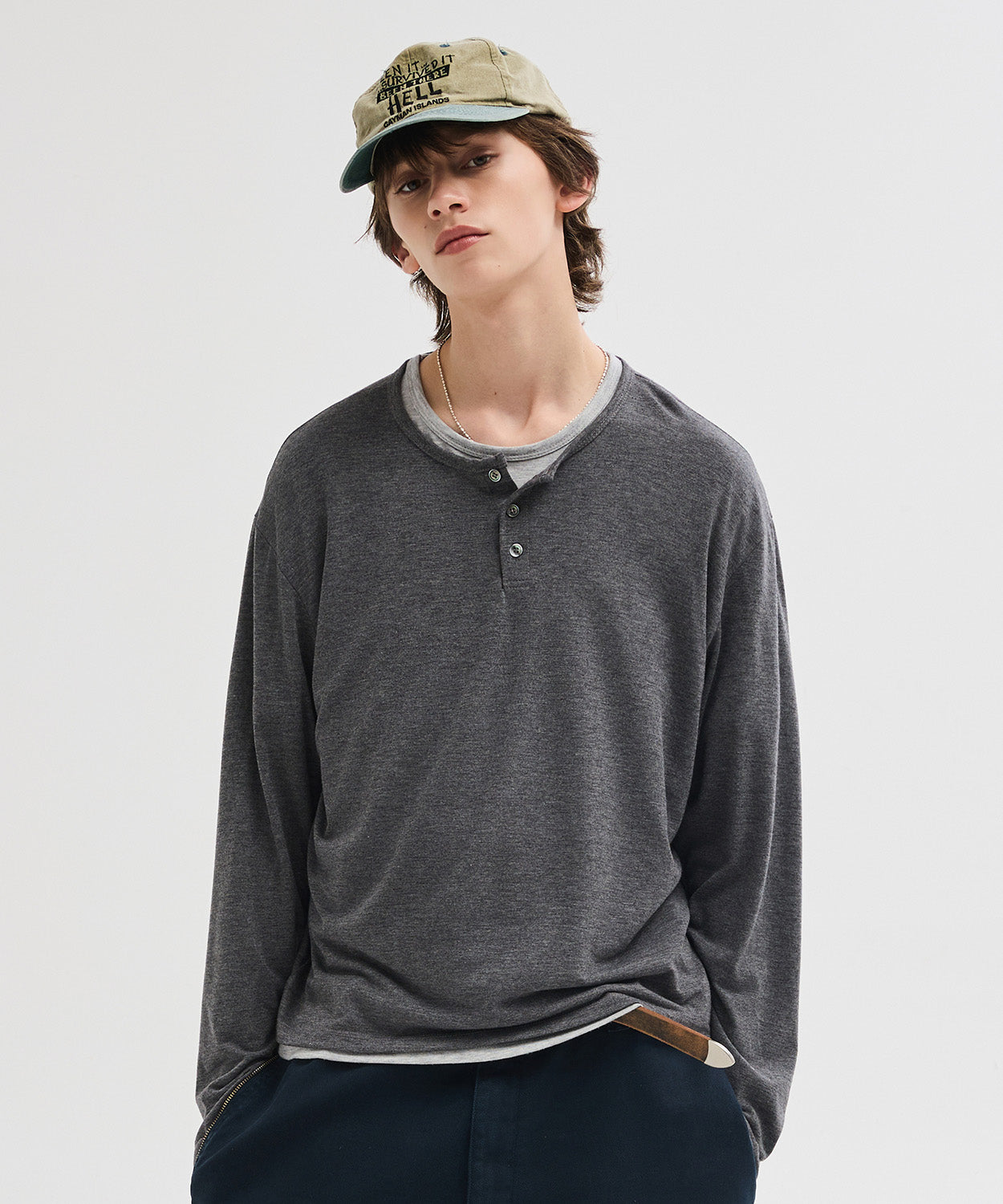 Soft Henley Neck Long Sleeve T-Shirt [Charcoal]