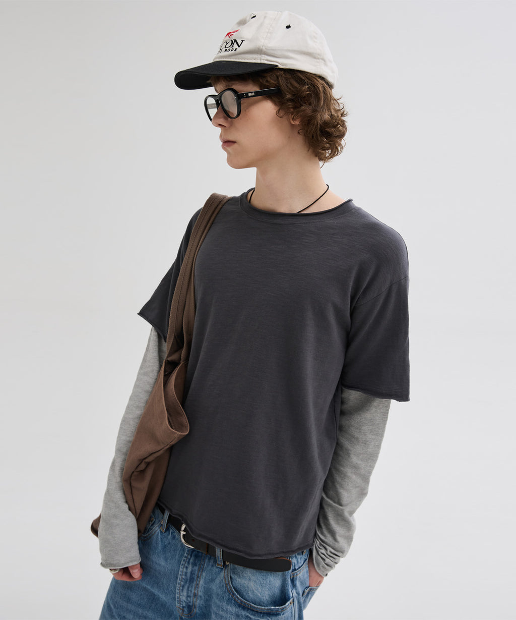 Cut-Off Layered Long Sleeve T-Shirt [Charcoal]