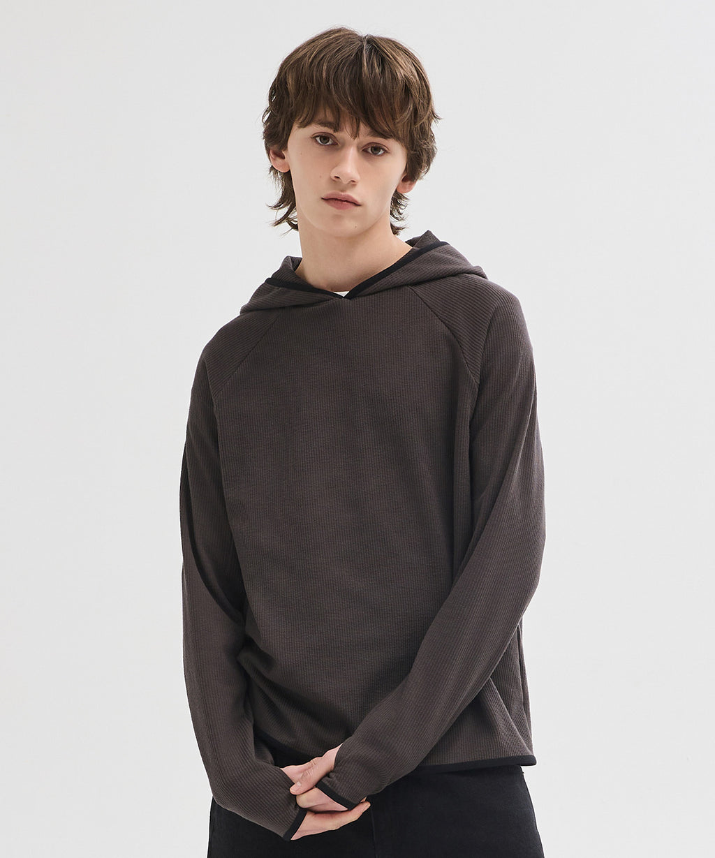 Ribbed Hooded Long Sleeve T-Shirt [Charcoal]