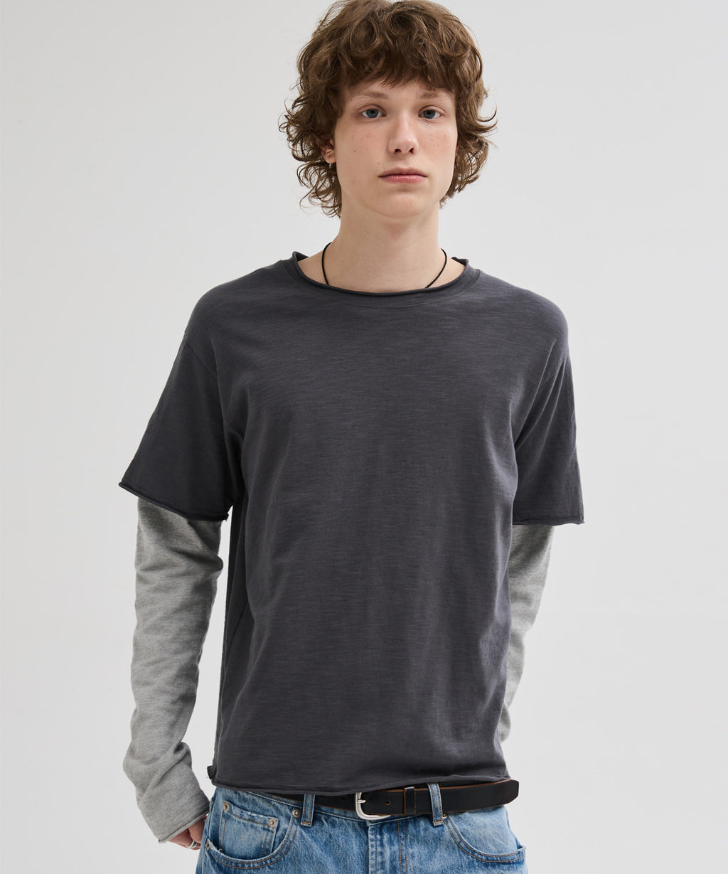 Cut-Off Layered Long Sleeve T-Shirt [Charcoal]