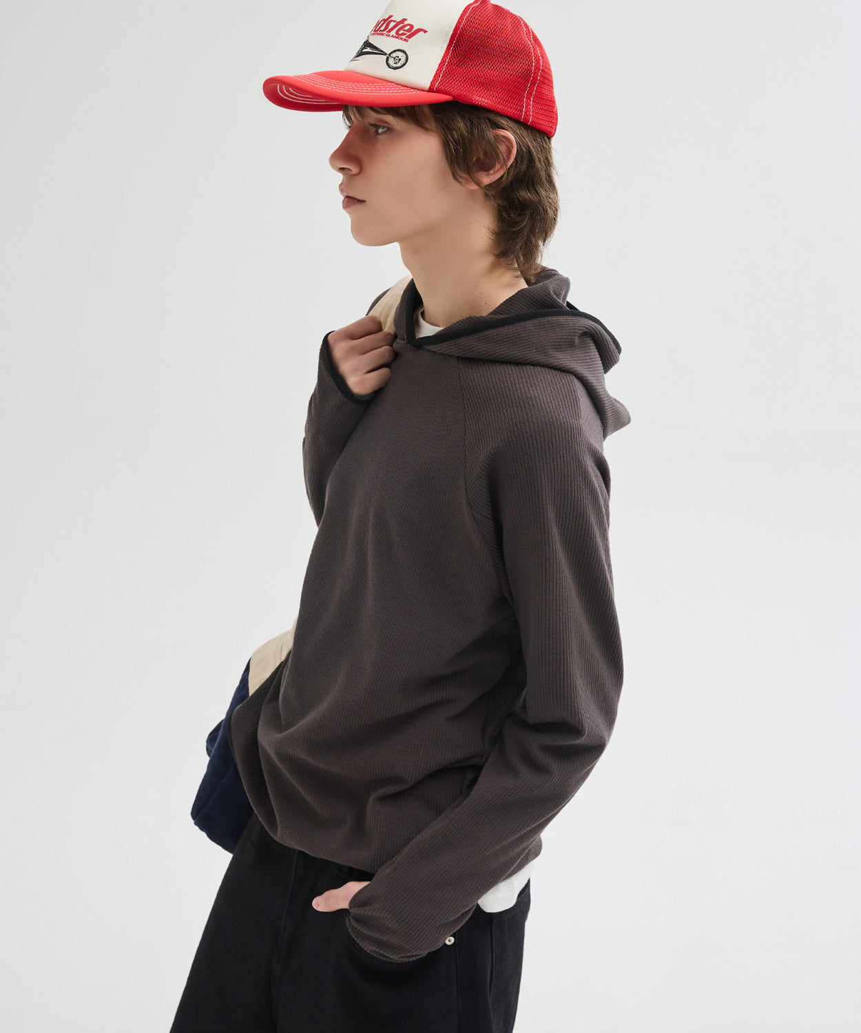 Ribbed Hooded Long Sleeve T-Shirt [Charcoal]