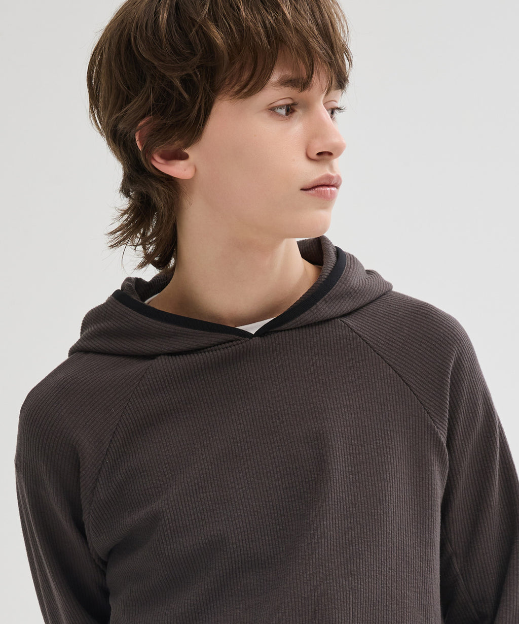 Ribbed Hooded Long Sleeve T-Shirt [Charcoal]