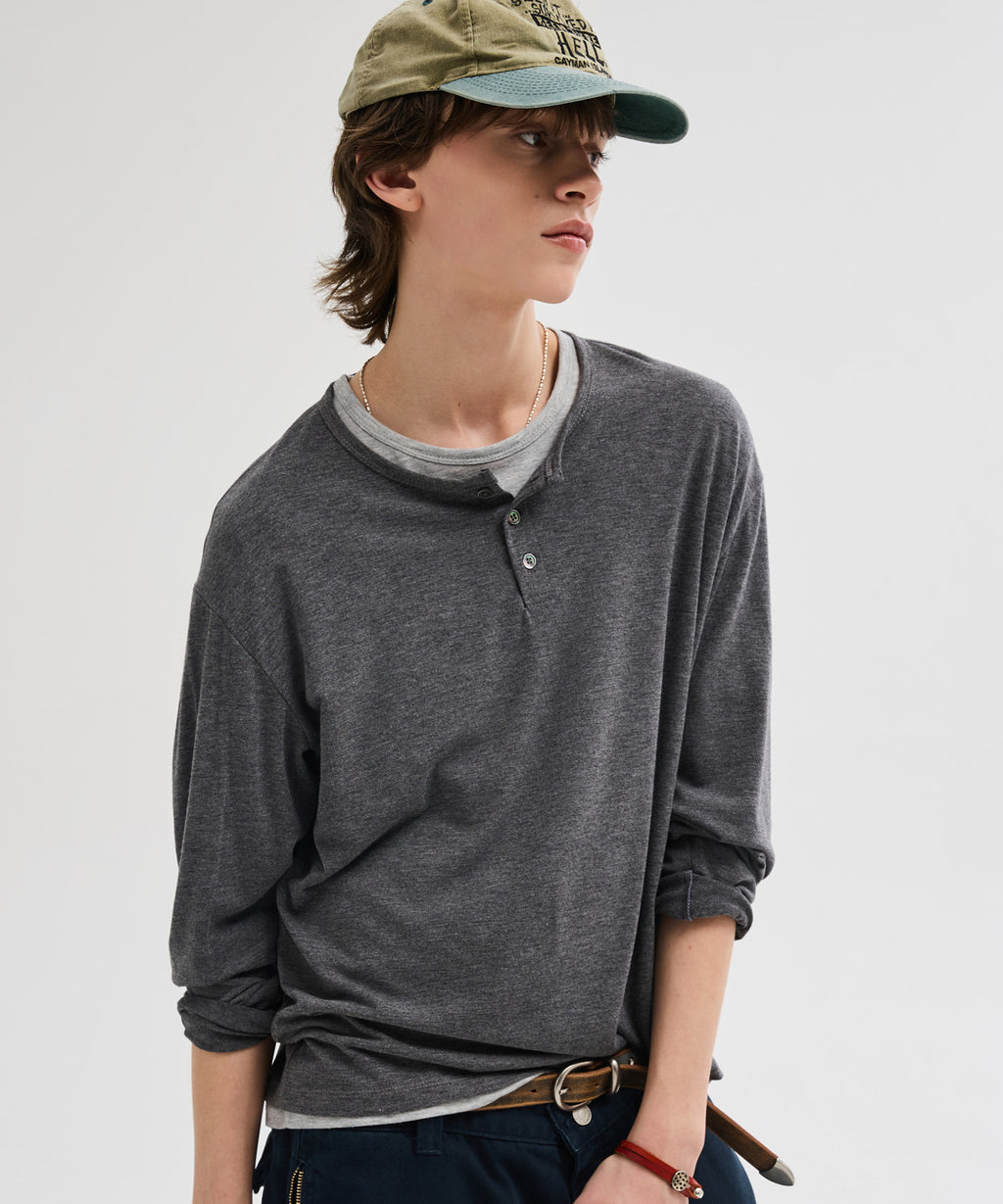 Soft Henley Neck Long Sleeve T-Shirt [Charcoal]