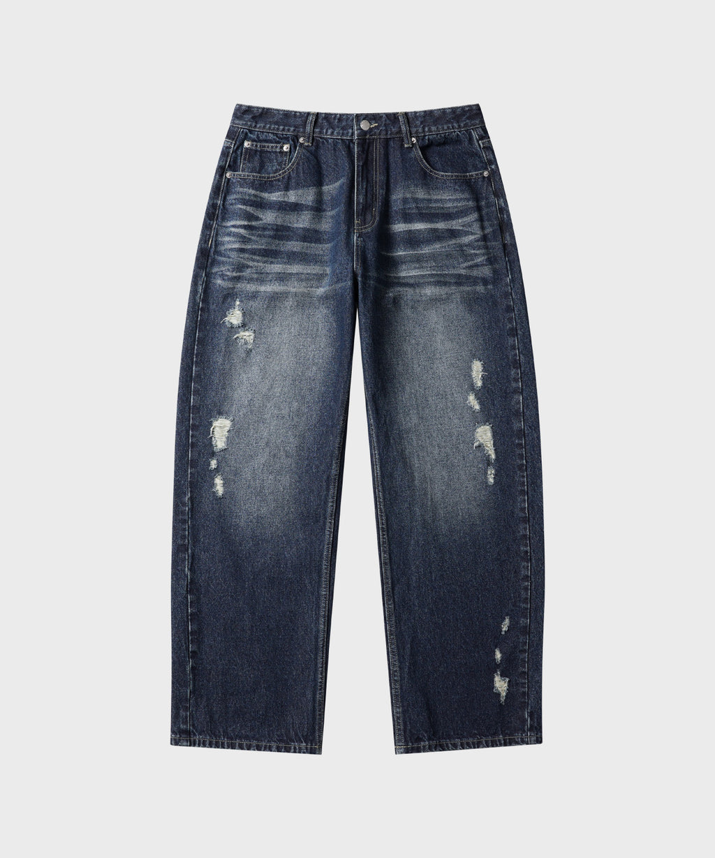 Curved Washed Damaged Denim Pants [Deep Blue]