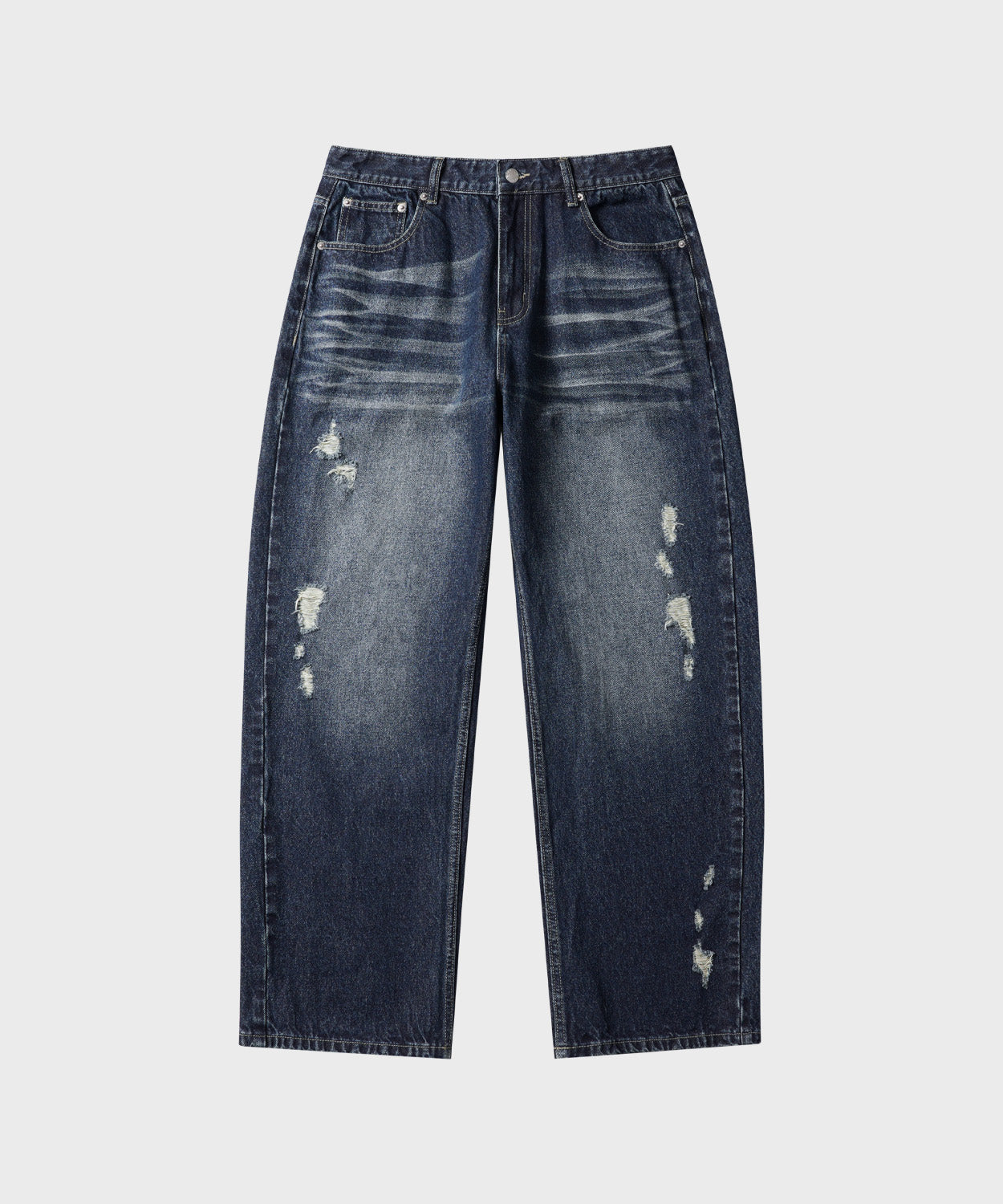 Curved Washed Damaged Denim Pants [Deep Blue]