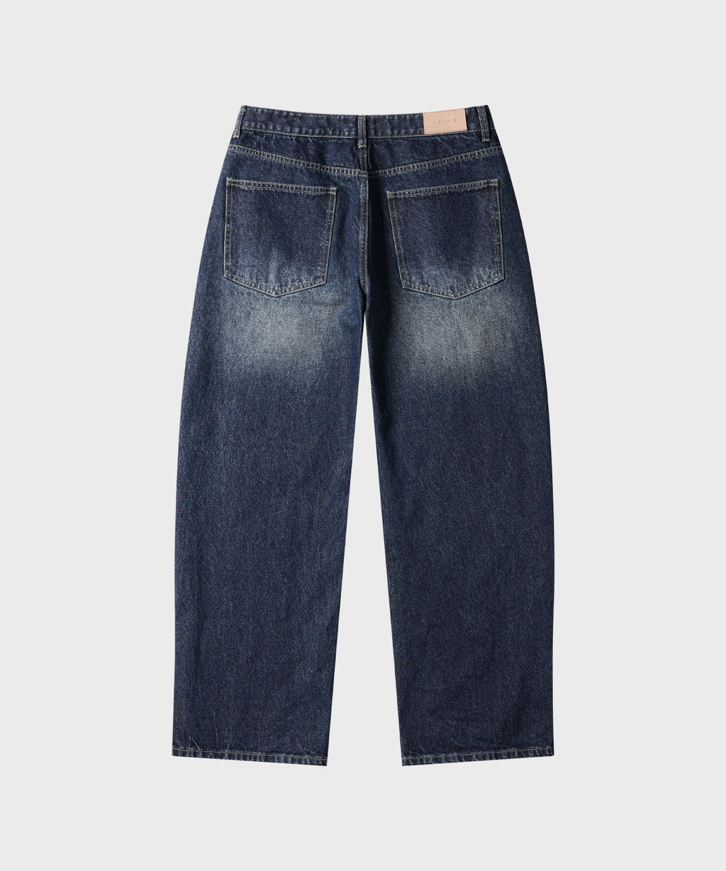 Curved Washed Damaged Denim Pants [Deep Blue]