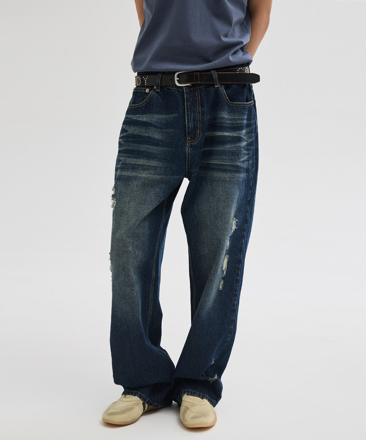 Curved Washed Damaged Denim Pants [Deep Blue]
