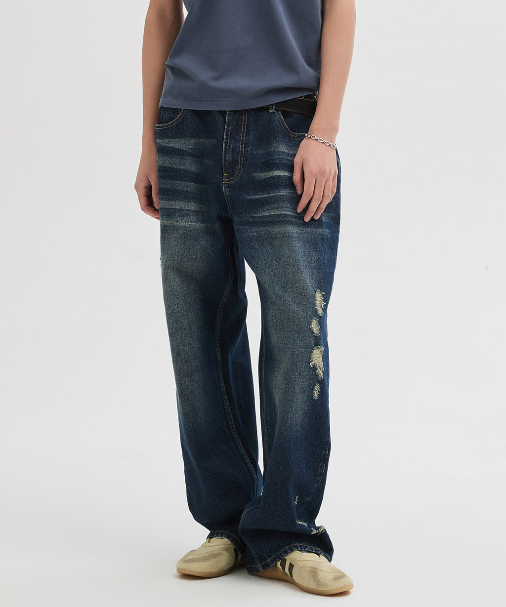 Curved Washed Damaged Denim Pants [Deep Blue]