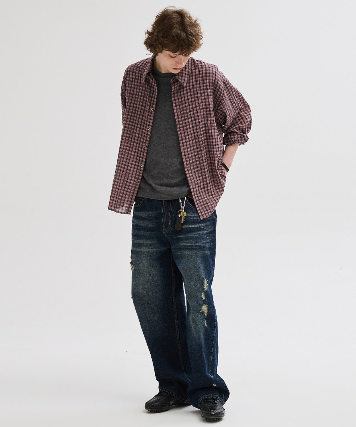 Curved Washed Damaged Denim Pants [Deep Blue]