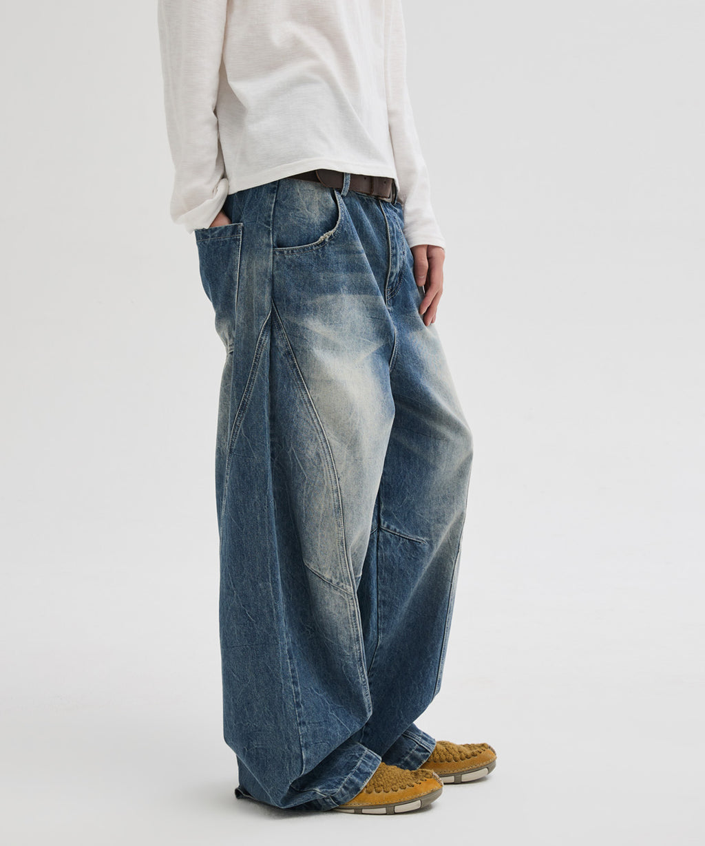 Curved Line Washed Pants [Faded Blue]