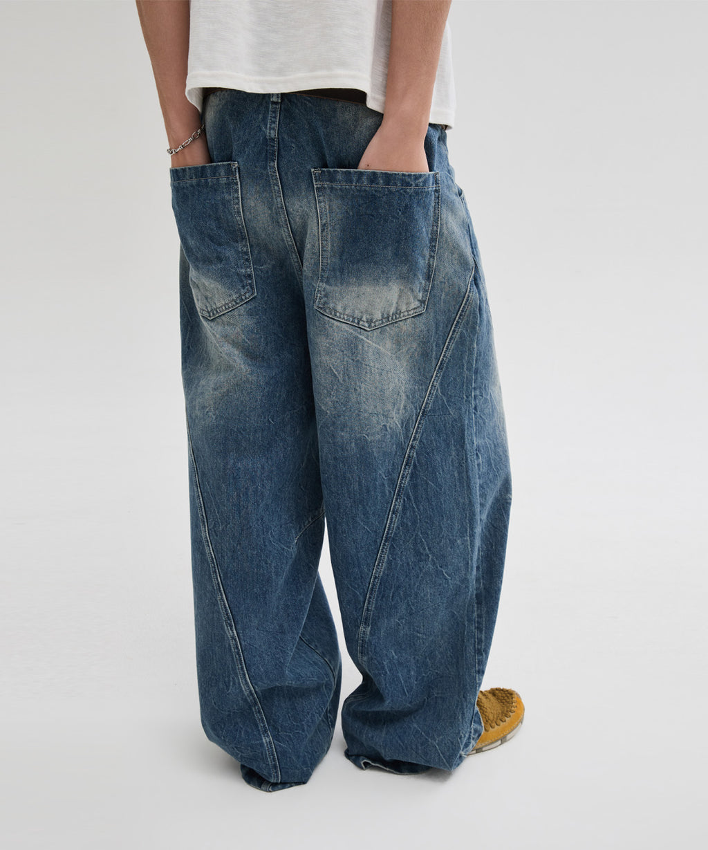 Curved Line Washed Pants [Faded Blue]