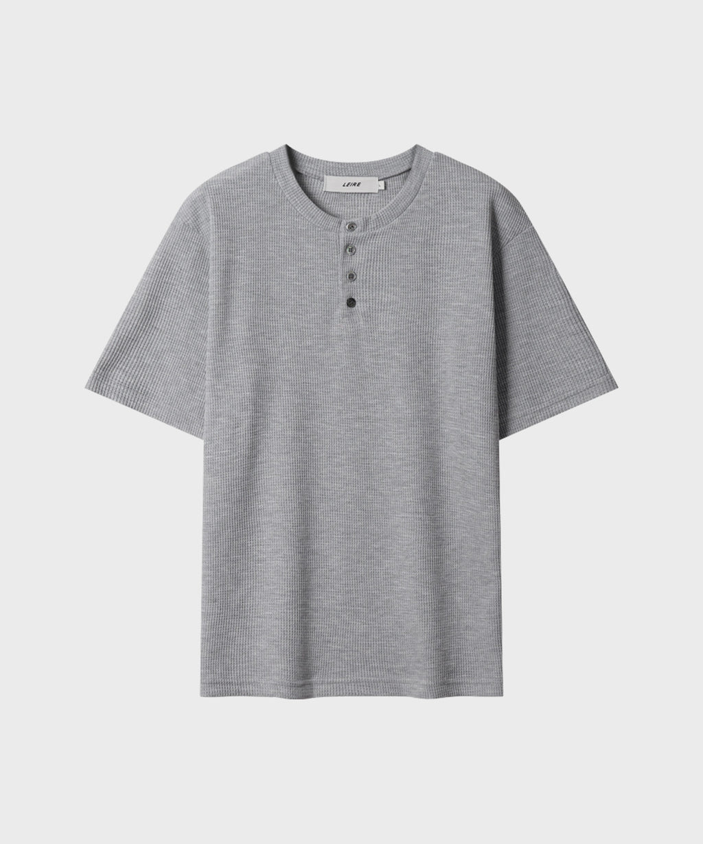 Waffle Henley Neck Semi-Crop T-Shirt [Gray]