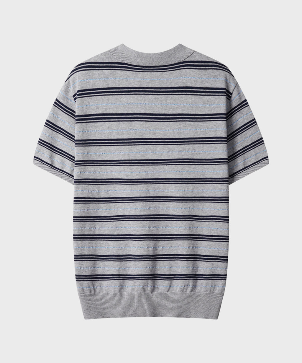 Stripe Collar Short Sleeve Crop Knit [Gray]