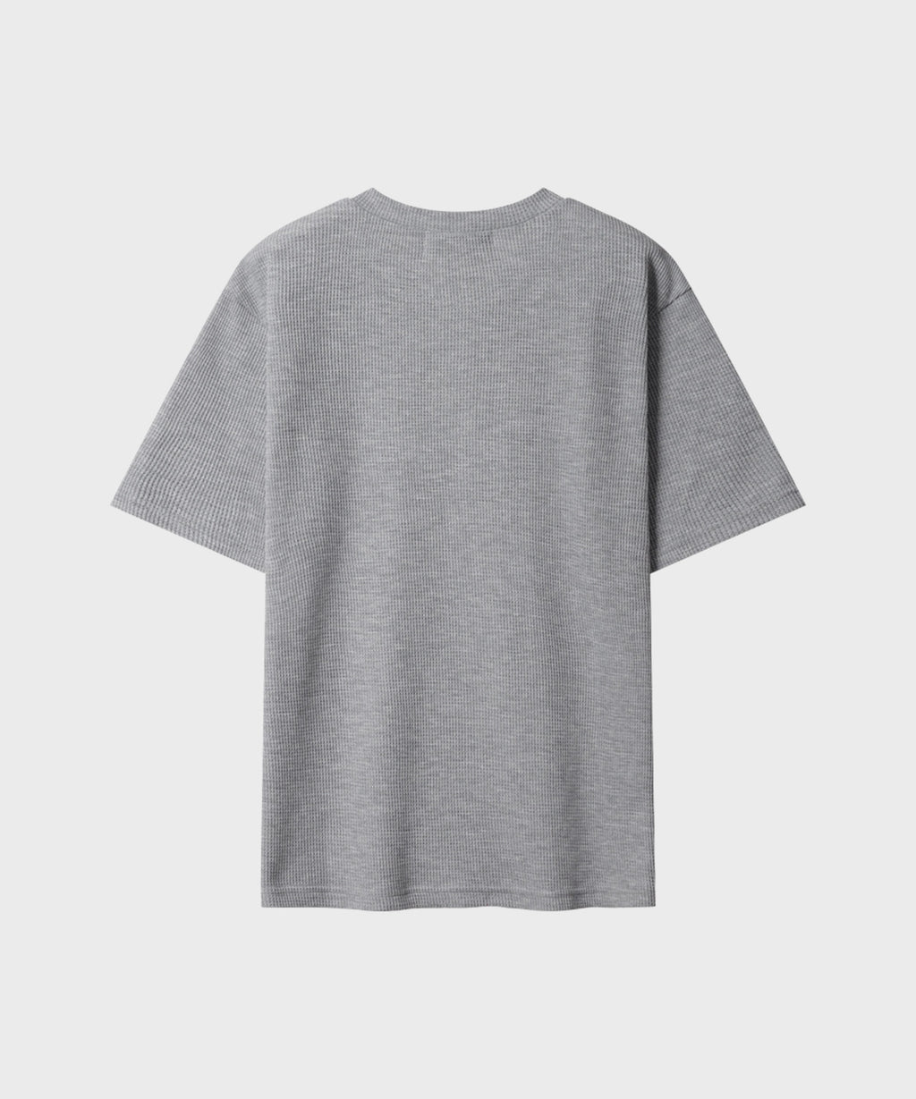 Waffle Henley Neck Semi-Crop T-Shirt [Gray]