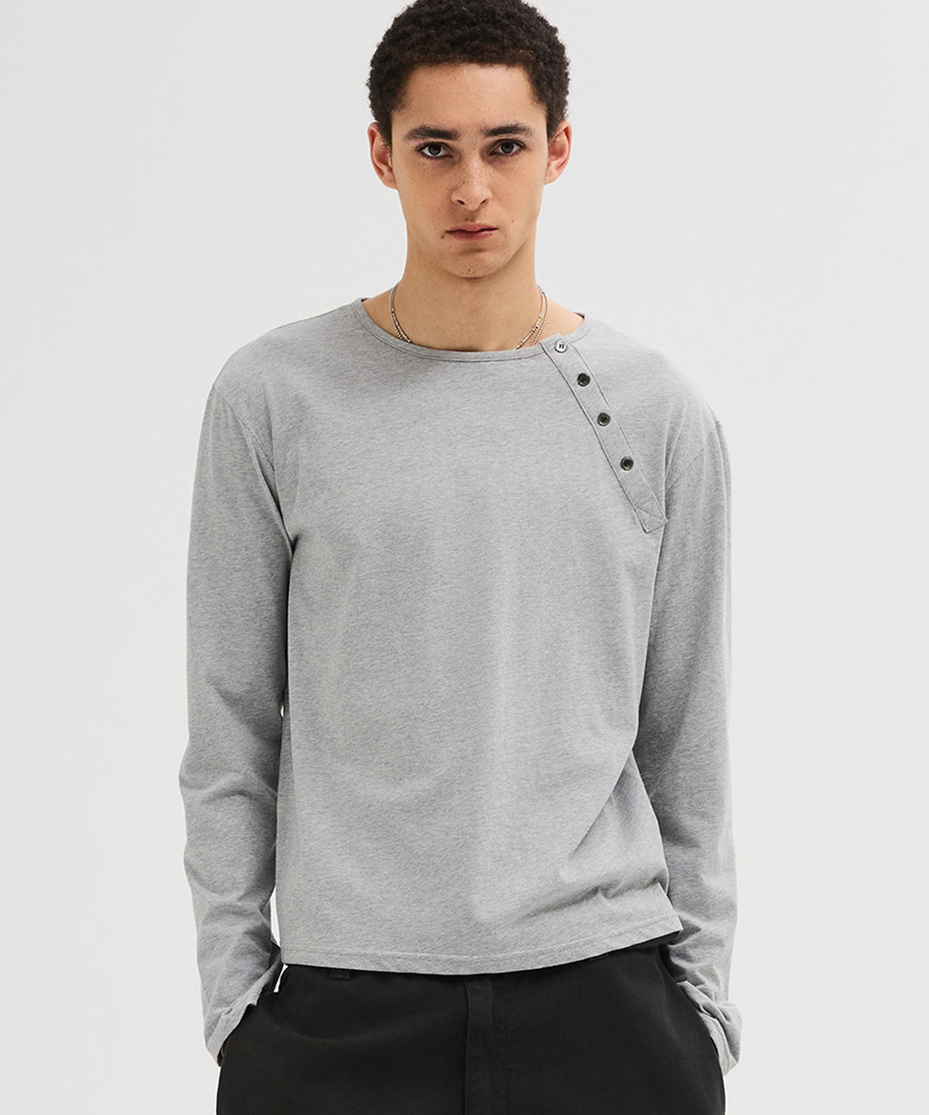 Diagonal Henley Neck Long Sleeve T-Shirt [Gray]