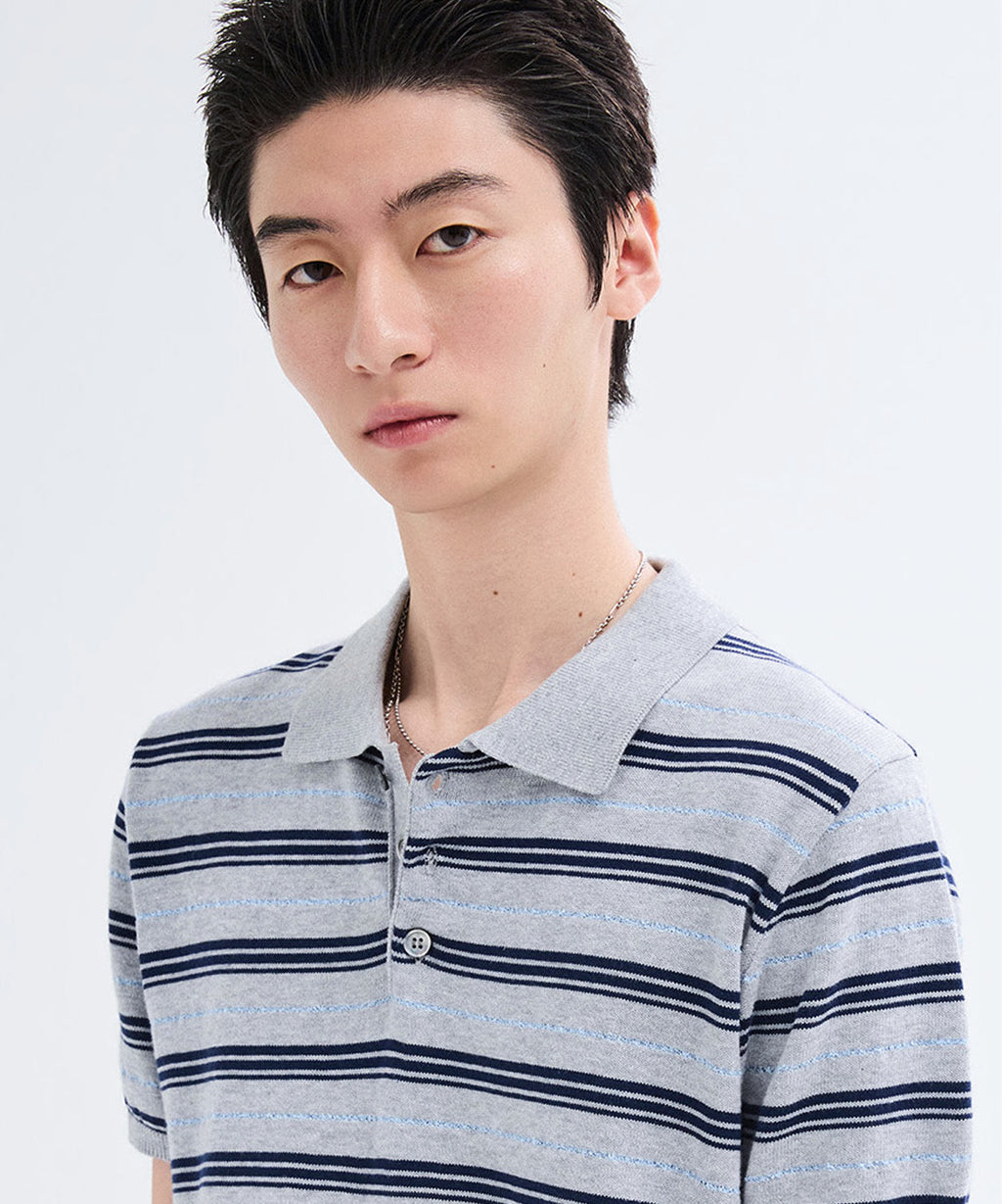 Stripe Collar Short Sleeve Crop Knit [Gray]