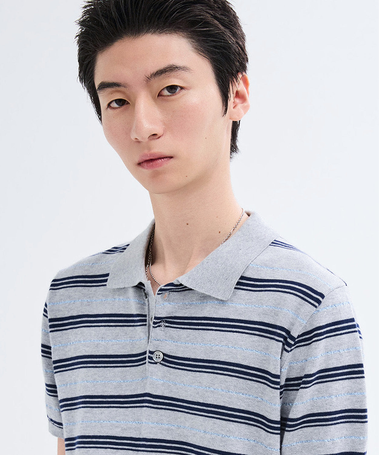 Stripe Collar Short Sleeve Crop Knit [Gray]