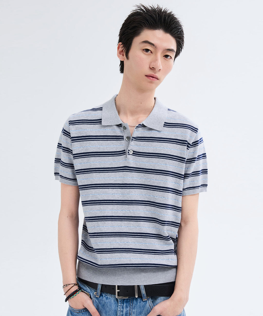 Stripe Collar Short Sleeve Crop Knit [Gray]