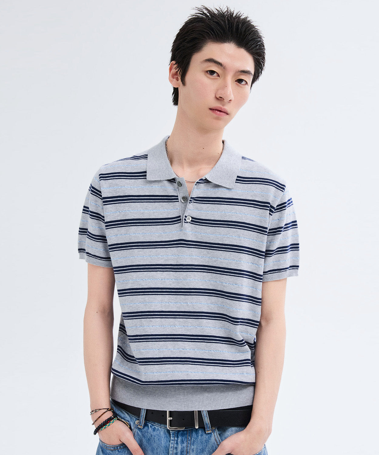 Stripe Collar Short Sleeve Crop Knit [Gray]