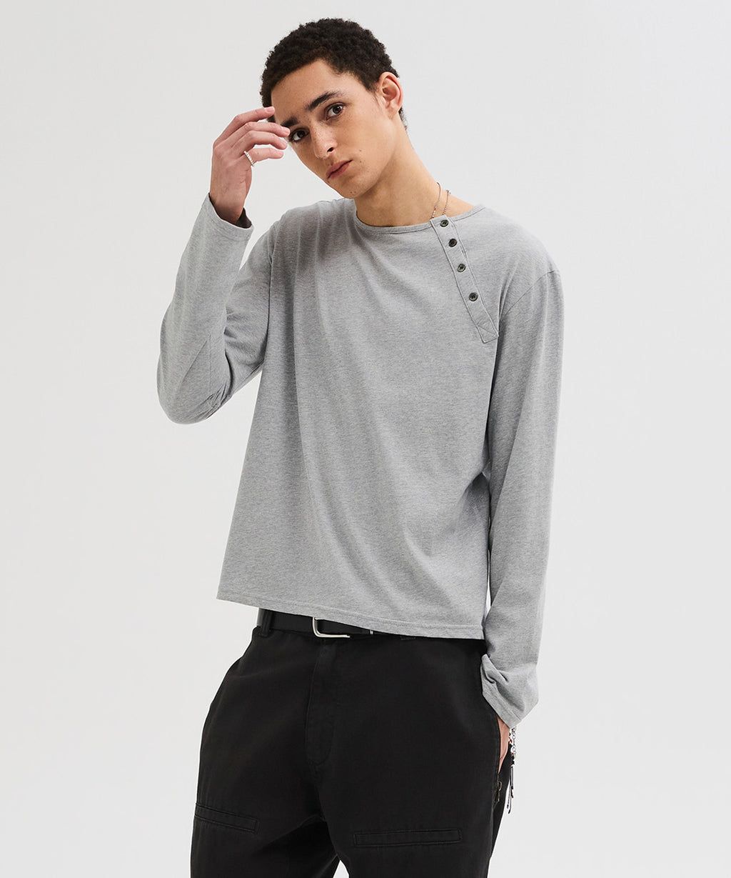 Diagonal Henley Neck Long Sleeve T-Shirt [Gray]