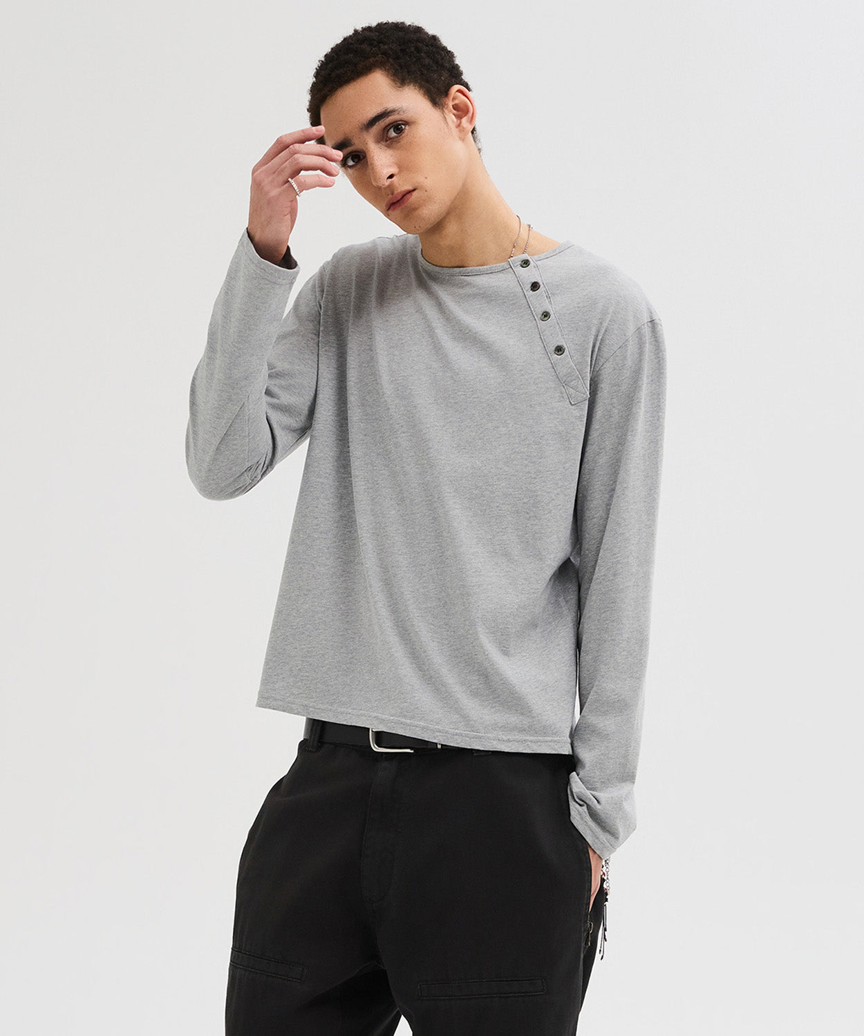 Diagonal Henley Neck Long Sleeve T-Shirt [Gray]