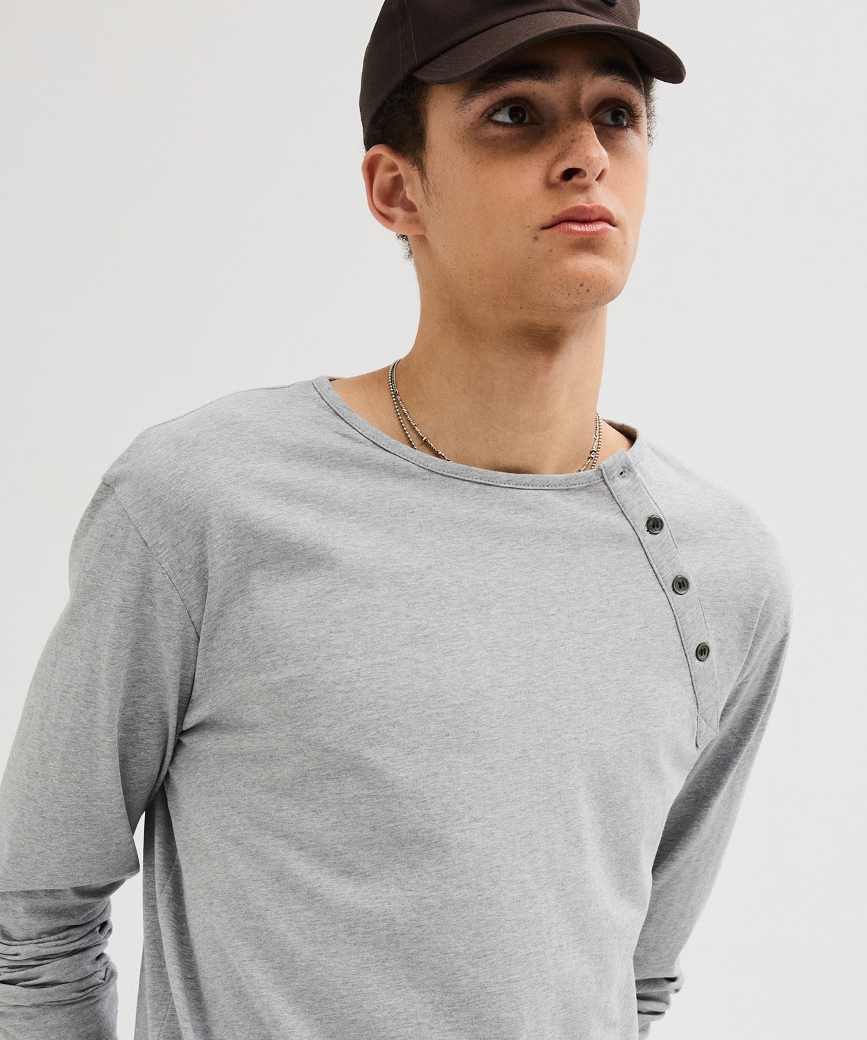 Diagonal Henley Neck Long Sleeve T-Shirt [Gray]