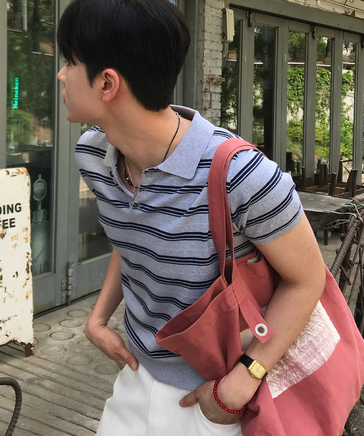 Stripe Collar Short Sleeve Crop Knit [Gray]