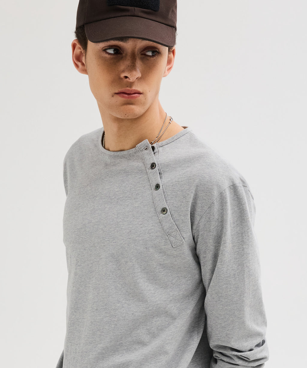 Diagonal Henley Neck Long Sleeve T-Shirt [Gray]
