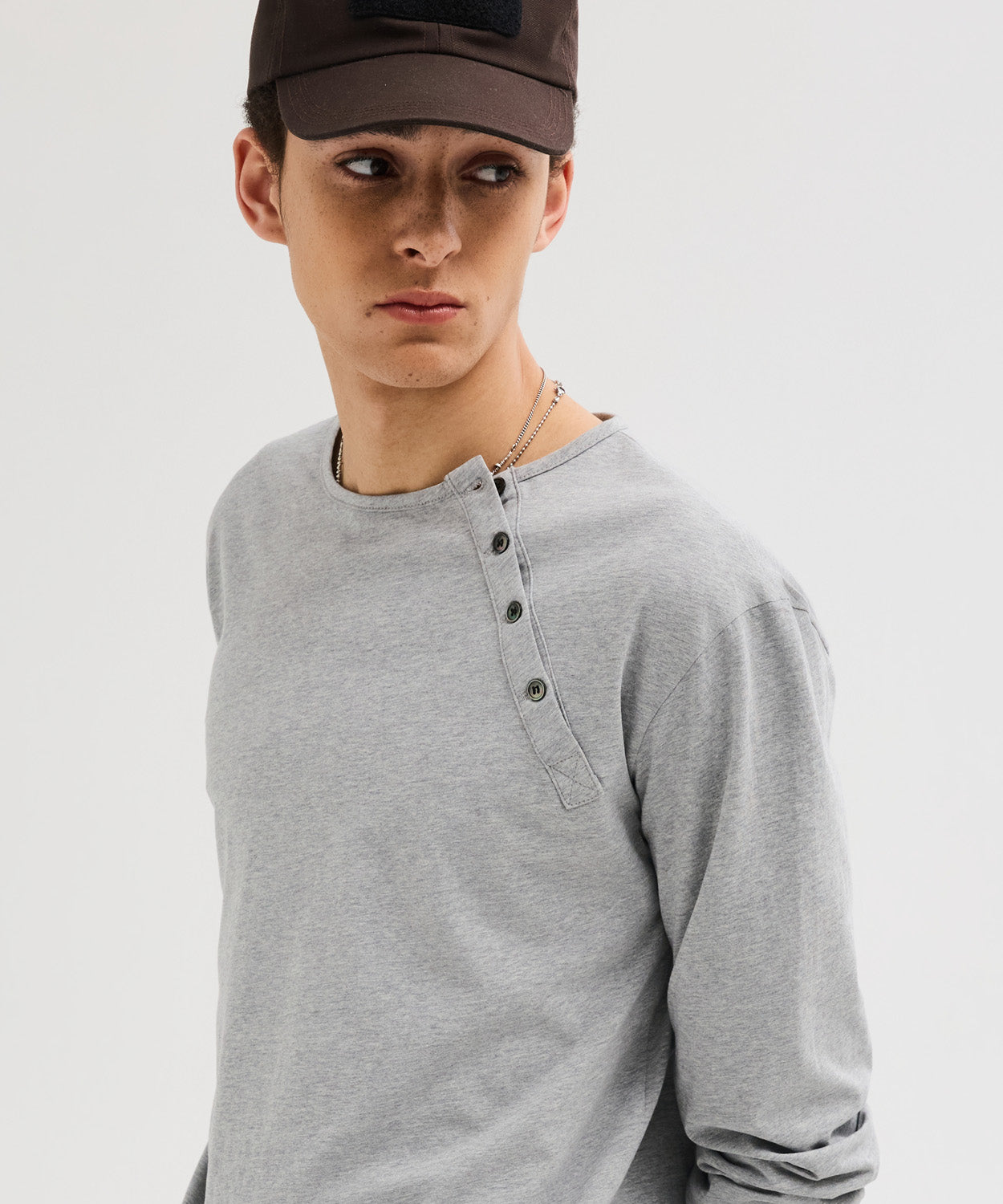 Diagonal Henley Neck Long Sleeve T-Shirt [Gray]