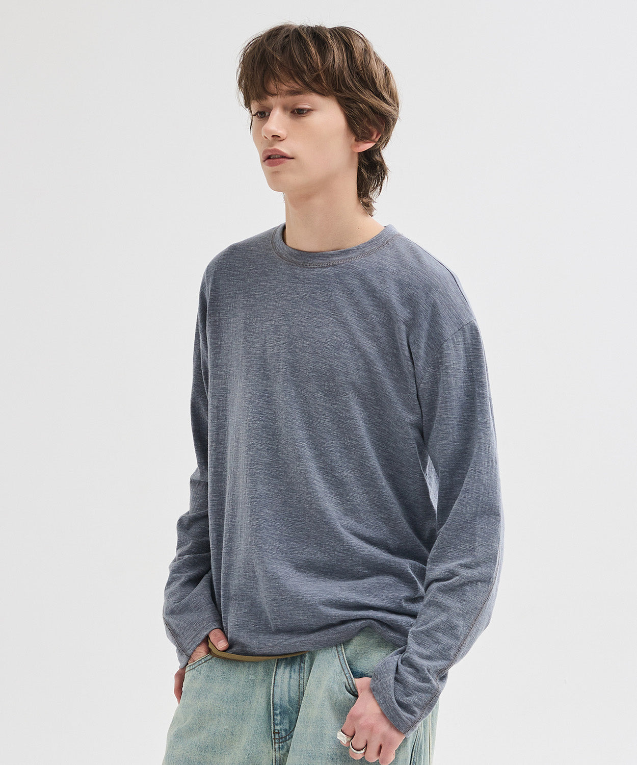 Slub Back Line Long Sleeve T-Shirt [Grey]