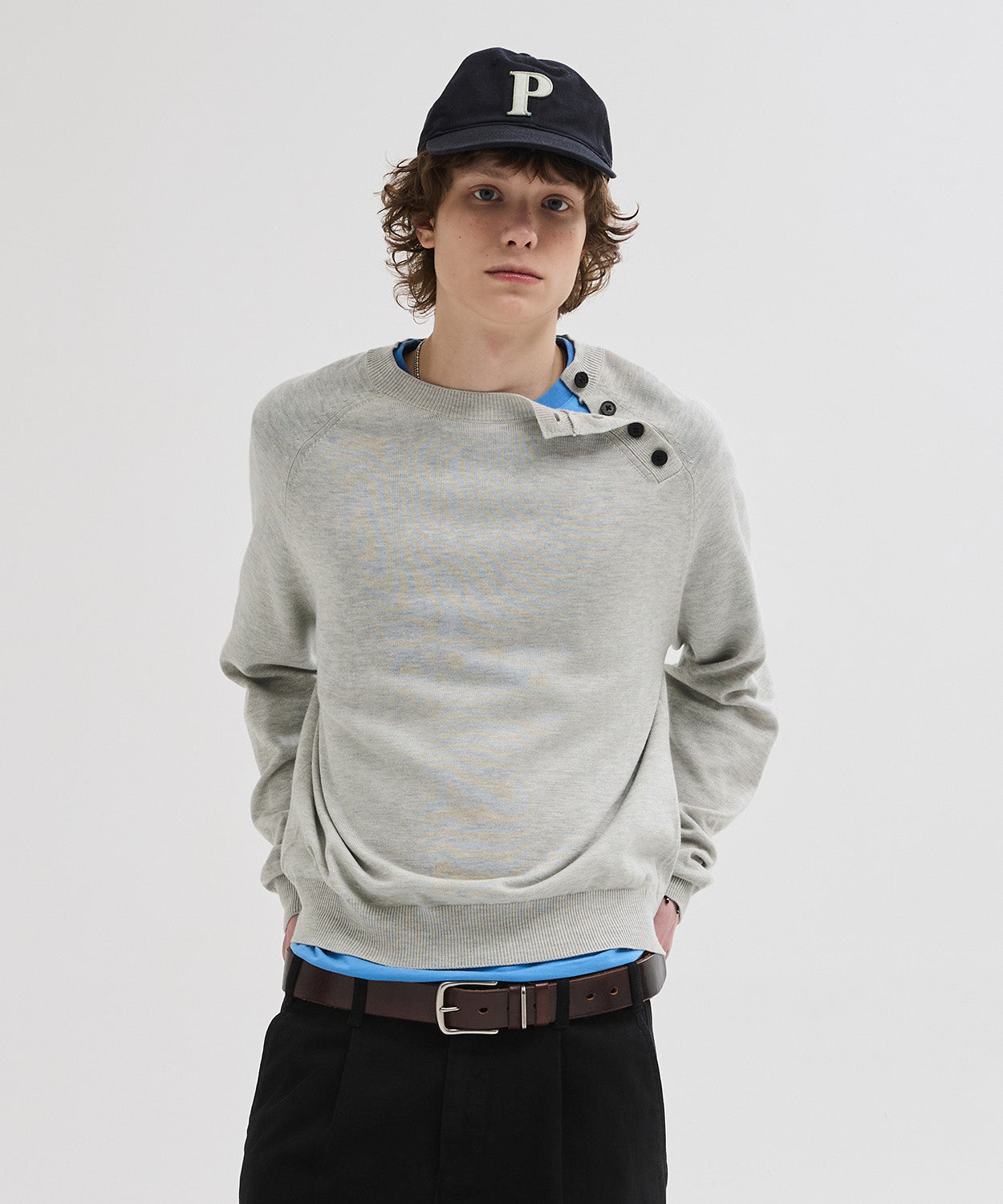 Diagonal Henley Neck Crop Knit [Grey]