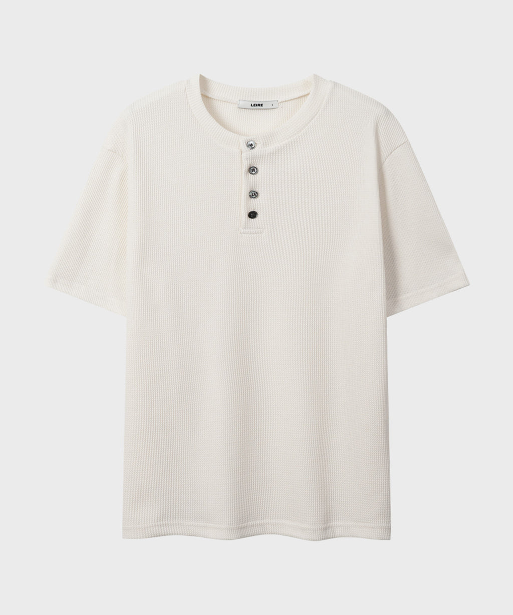 Waffle Henley Neck Semi-Crop T-Shirt [Ivory]