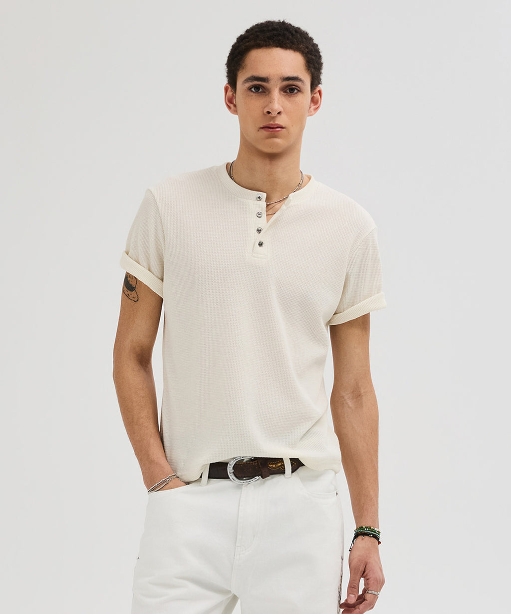 Waffle Henley Neck Semi-Crop T-Shirt [Ivory]