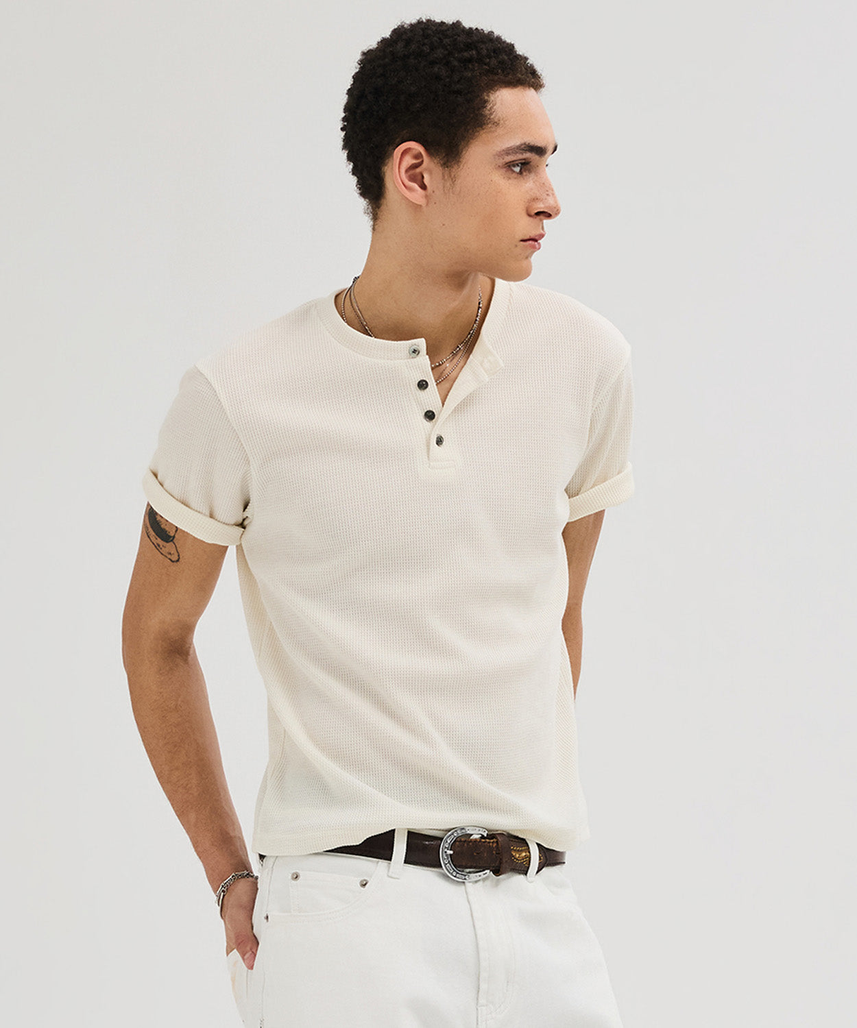 Waffle Henley Neck Semi-Crop T-Shirt [Ivory]