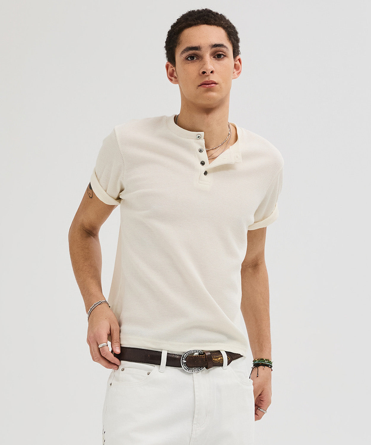 Waffle Henley Neck Semi-Crop T-Shirt [Ivory]