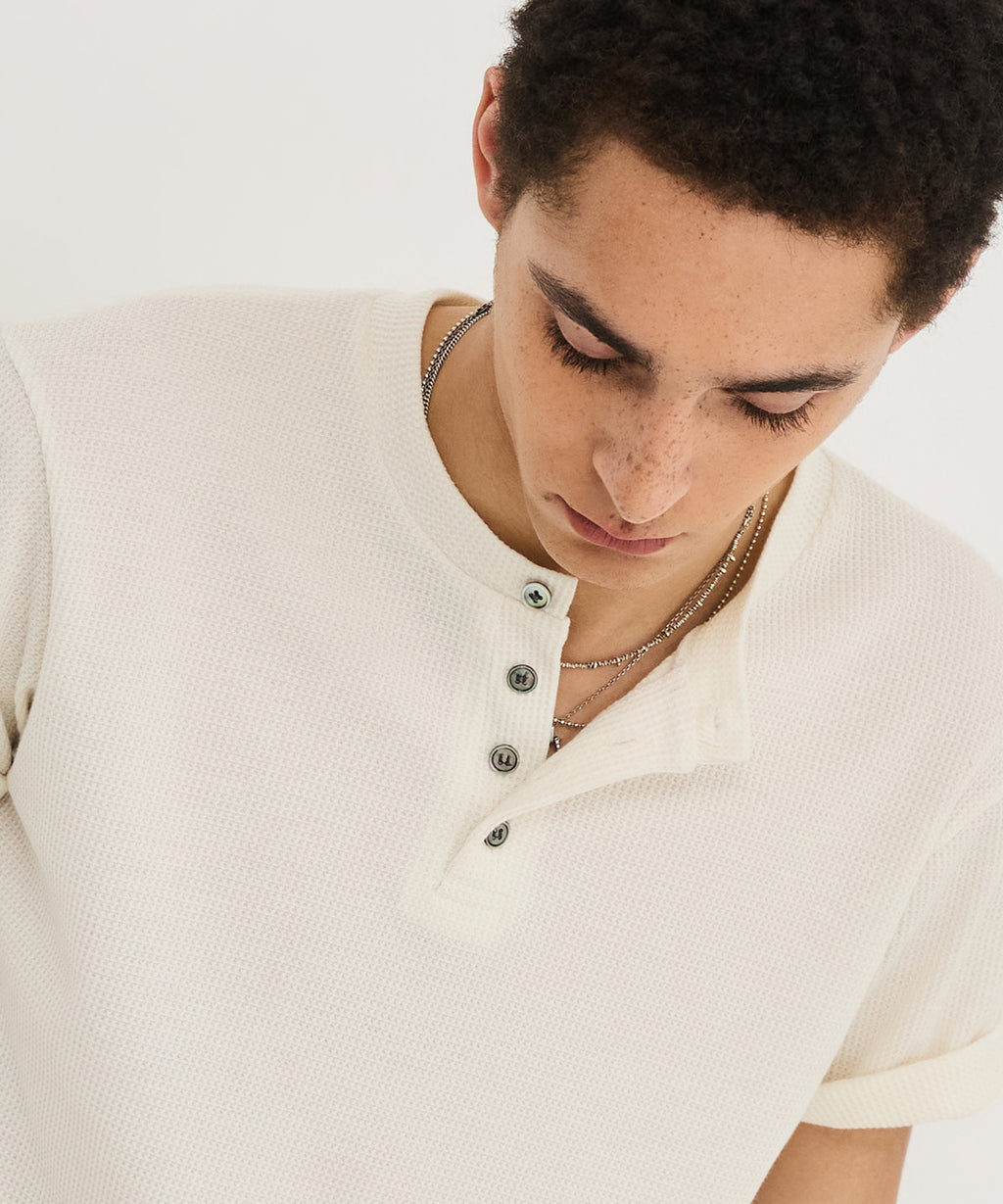 Waffle Henley Neck Semi-Crop T-Shirt [Ivory]