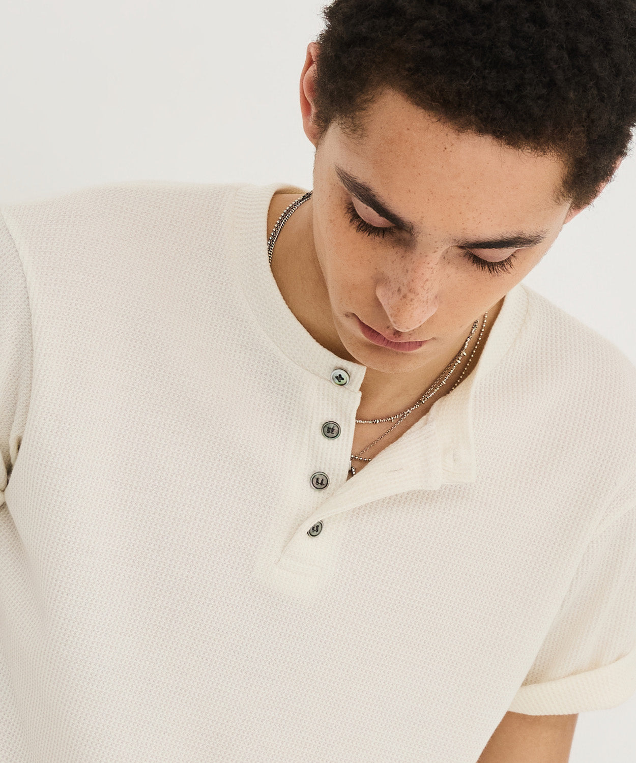 Waffle Henley Neck Semi-Crop T-Shirt [Ivory]