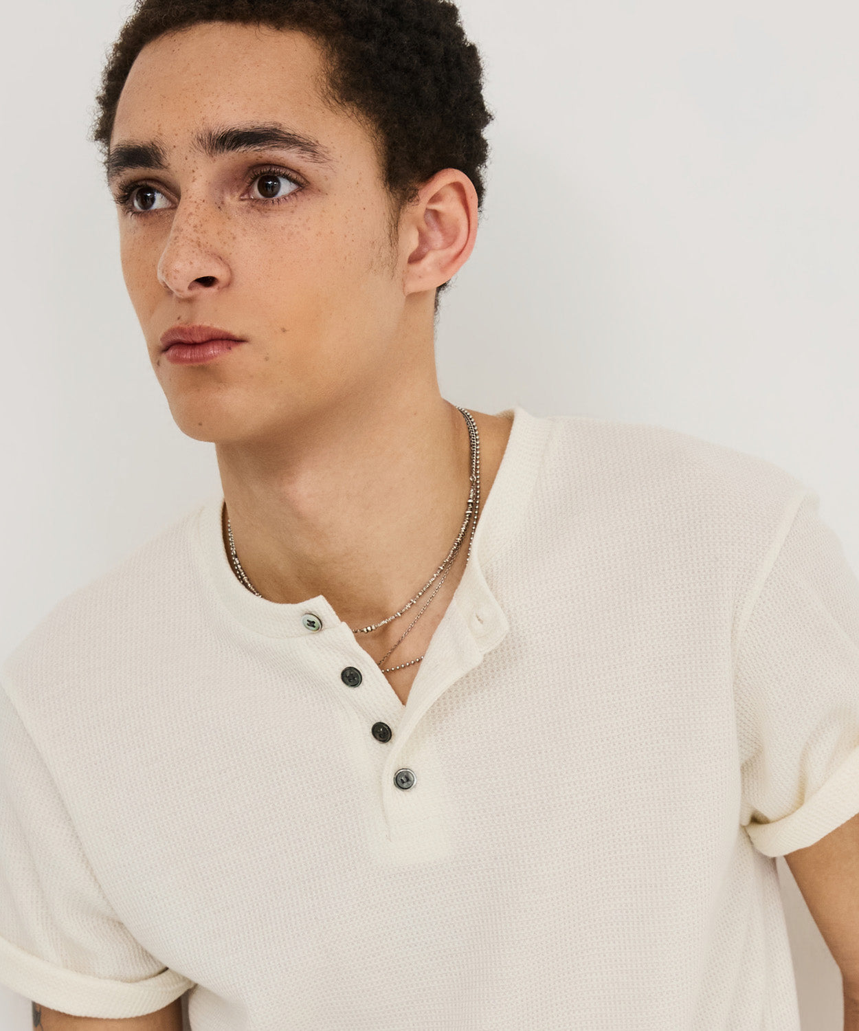 Waffle Henley Neck Semi-Crop T-Shirt [Ivory]